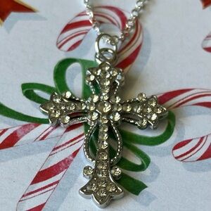 Sparkling Silver Large Rhinestone Cross Dangle Necklace